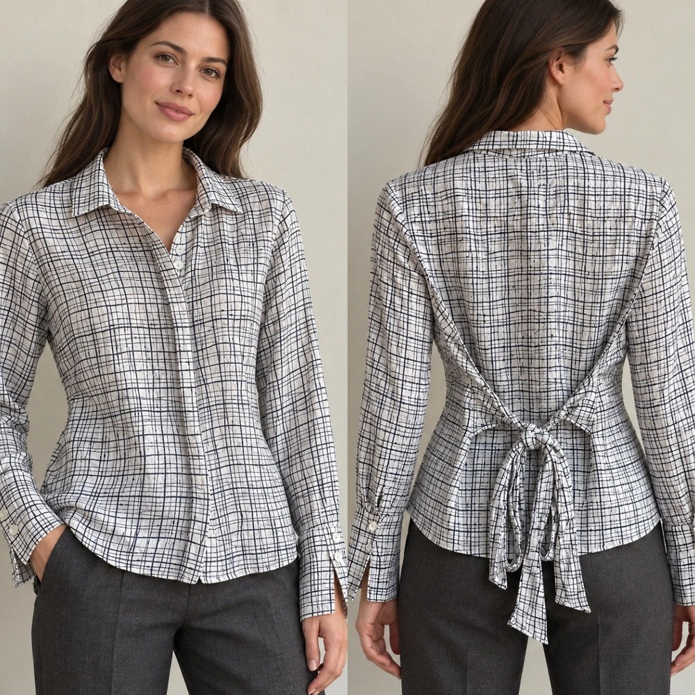 Zanella Italy 100% Silk Blouse Button Down Womens Size 4 Back Tie White Black